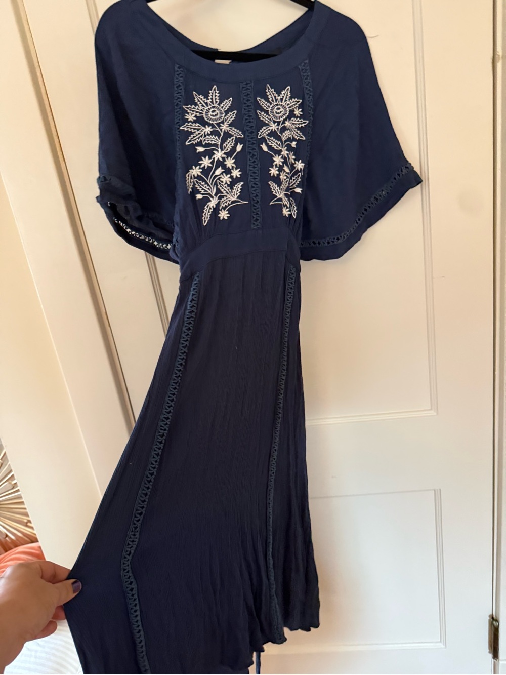 Scandi / cottage core Navy Midi Dress with White Floral Embroidery